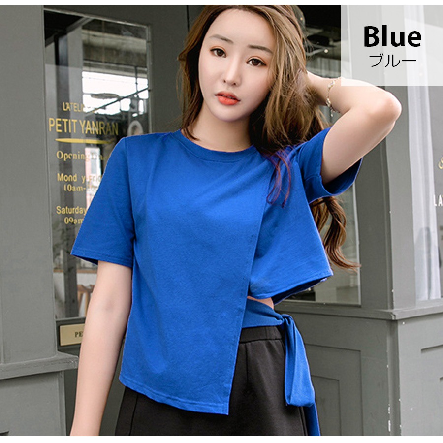 Tシャツ レディース 半袖 リボン アシンメトリー サイド開き 肌見せ 春 夏 トップス 無地 綿 セクシー コットン カットソー 薄手 カジュアル ブラック ホワイト ブルー黒 白 青 JOCOSA 8964 送料無料 即納