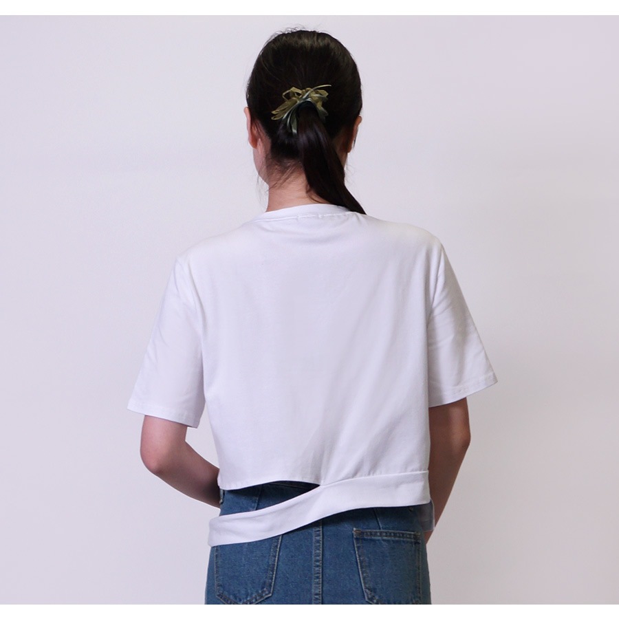 Tシャツ レディース 半袖 リボン アシンメトリー サイド開き 肌見せ 春 夏 トップス 無地 綿 セクシー コットン カットソー 薄手 カジュアル ブラック ホワイト ブルー黒 白 青 JOCOSA 8964 送料無料 即納