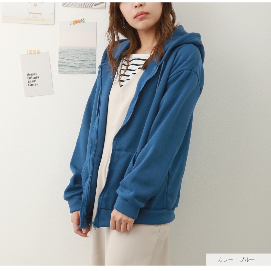 パーカー オーバーサイズ 裏起毛 フード トップス 長袖 韓国ファッション 秋 冬 大きいサイズ ストリート ギャル レディース 新作 ブラック 黒 グレー 灰 ブルー 青 S M L JOCOSA 8388