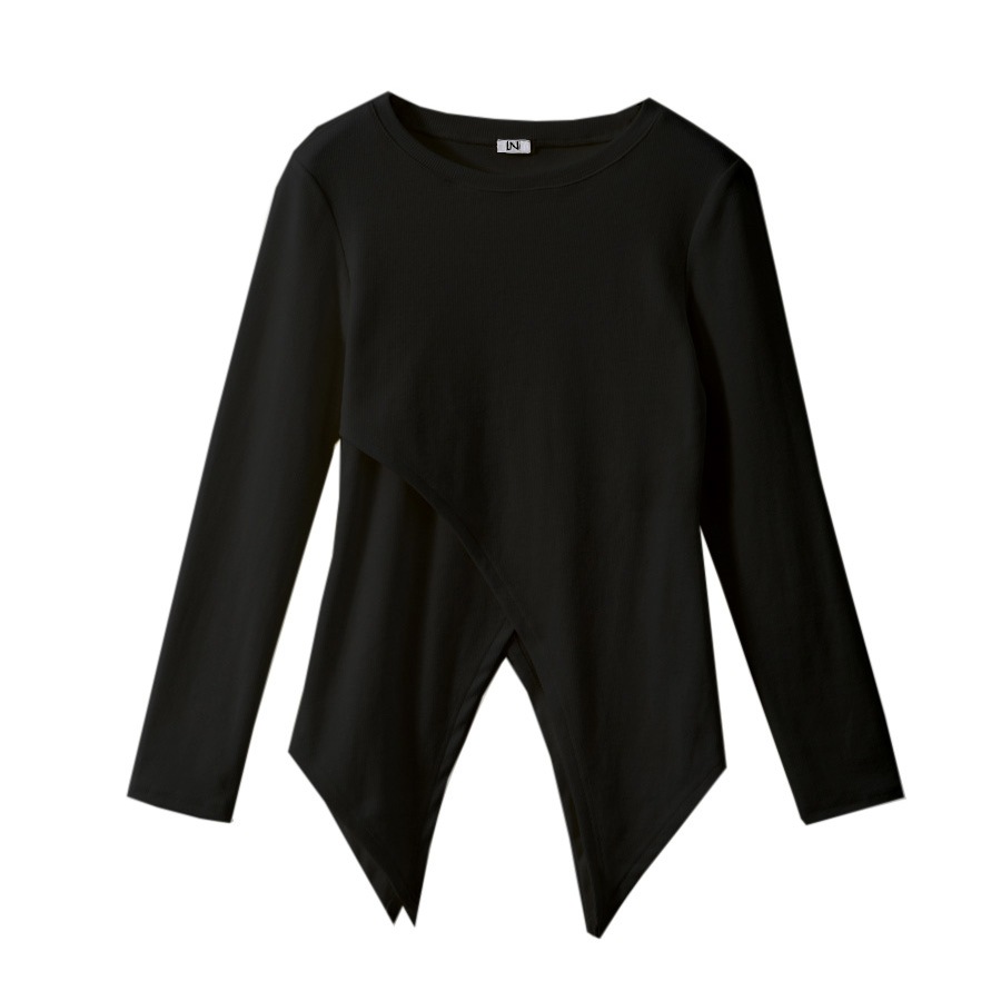 トップス レディース 長袖 変形裾 細リブ リボン結び 2way ヘムライン 肌見せ 春 秋 冬 無地 セクシー カットソー 薄手 カジュアル ブラック ホワイト 黒 白 JOCOSA 8965 送料無料 即納