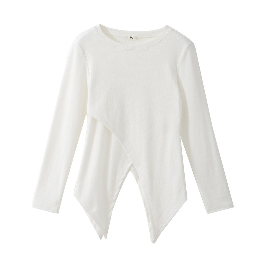 トップス レディース 長袖 変形裾 細リブ リボン結び 2way ヘムライン 肌見せ 春 秋 冬 無地 セクシー カットソー 薄手 カジュアル ブラック ホワイト 黒 白 JOCOSA 8965 送料無料 即納