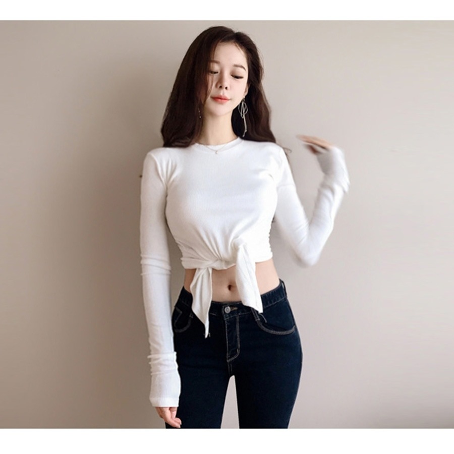 トップス レディース 長袖 変形裾 細リブ リボン結び 2way ヘムライン