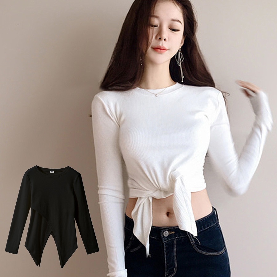トップス レディース 長袖 変形裾 細リブ リボン結び 2way ヘムライン 肌見せ 春 秋 冬 無地 セクシー カットソー 薄手 カジュアル ブラック ホワイト 黒 白 JOCOSA 8965 送料無料 即納