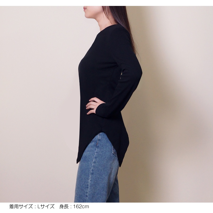 トップス レディース 長袖 変形裾 細リブ リボン結び 2way ヘムライン 肌見せ 春 秋 冬 無地 セクシー カットソー 薄手 カジュアル ブラック ホワイト 黒 白 JOCOSA 8965 送料無料 即納