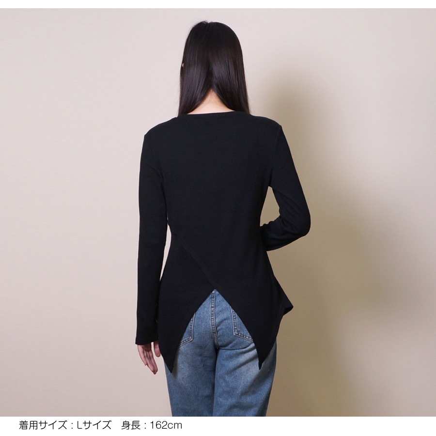 トップス レディース 長袖 変形裾 細リブ リボン結び 2way ヘムライン 肌見せ 春 秋 冬 無地 セクシー カットソー 薄手 カジュアル ブラック ホワイト 黒 白 JOCOSA 8965 送料無料 即納