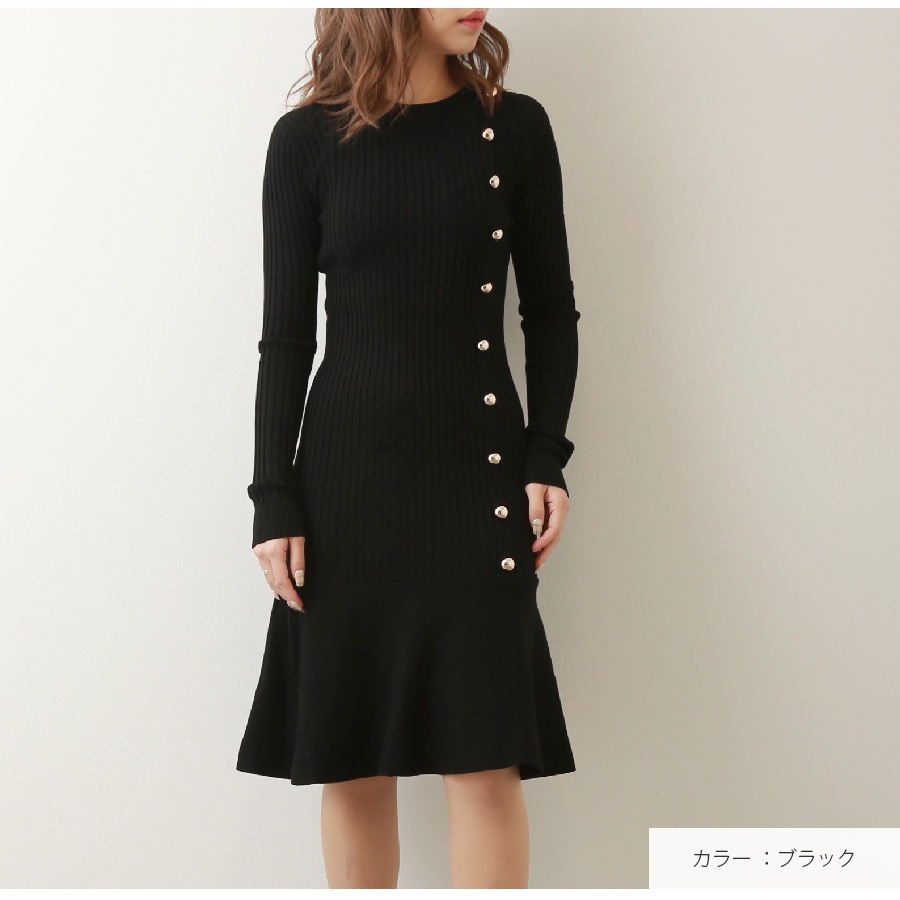 d.i.a/ブラック×ゴールドセクシーワンピース 大きいサイズレディース ワンピース ビックカラー飾りボタン