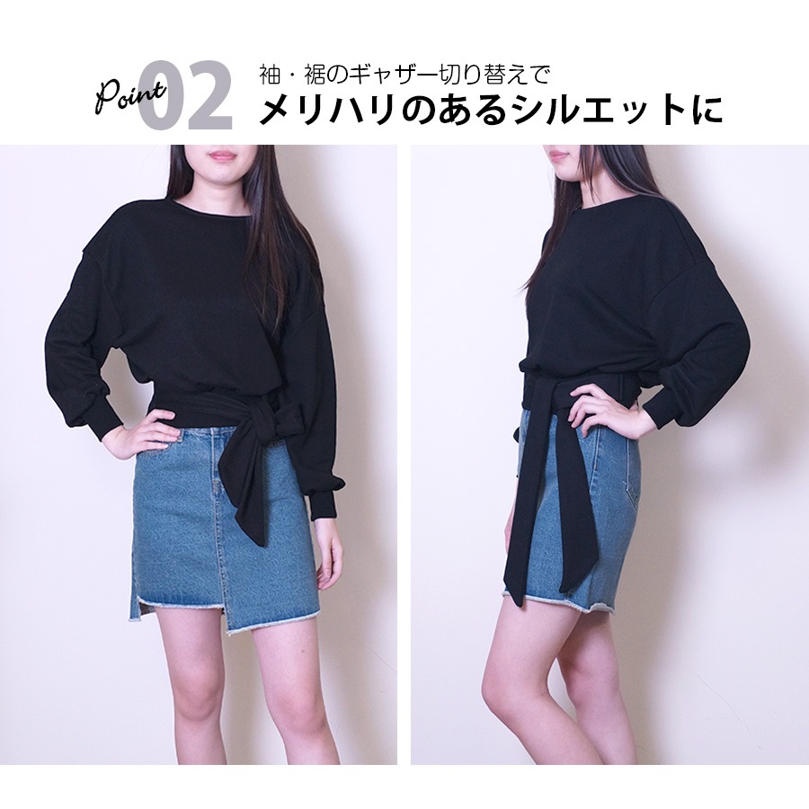 トレーナー スウェット レディース 長袖 リボン 春 秋 冬 トップス 無地 ゆったり ドロップショルダー 大きめ オーバーサイズ ボリューム袖 ミニ丈 大人可愛い 韓流 韓国 カジュアル グレー ブラック ホワイト 黒 白 JOCOSA 8967 送料無料 即納