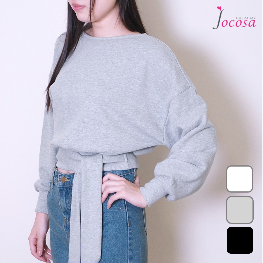 トレーナー スウェット レディース 長袖 リボン 春 秋 冬 トップス 無地 ゆったり ドロップショルダー 大きめ オーバーサイズ ボリューム袖 ミニ丈 大人可愛い 韓流 韓国 カジュアル グレー ブラック ホワイト 黒 白 JOCOSA 8967 送料無料 即納