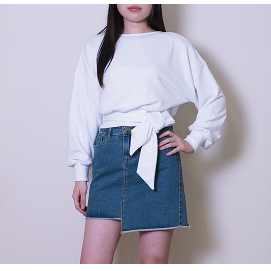 トレーナー スウェット レディース 長袖 リボン 春 秋 冬 トップス 無地 ゆったり ドロップショルダー 大きめ オーバーサイズ ボリューム袖 ミニ丈 大人可愛い 韓流 韓国 カジュアル グレー ブラック ホワイト 黒 白 JOCOSA 8967 送料無料 即納