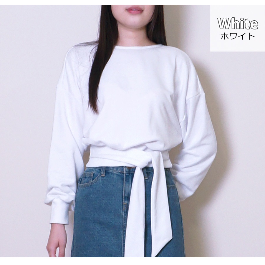 トレーナー スウェット レディース 長袖 リボン 春 秋 冬 トップス 無地 ゆったり ドロップショルダー 大きめ オーバーサイズ ボリューム袖 ミニ丈 大人可愛い 韓流 韓国 カジュアル グレー ブラック ホワイト 黒 白 JOCOSA 8967 送料無料 即納