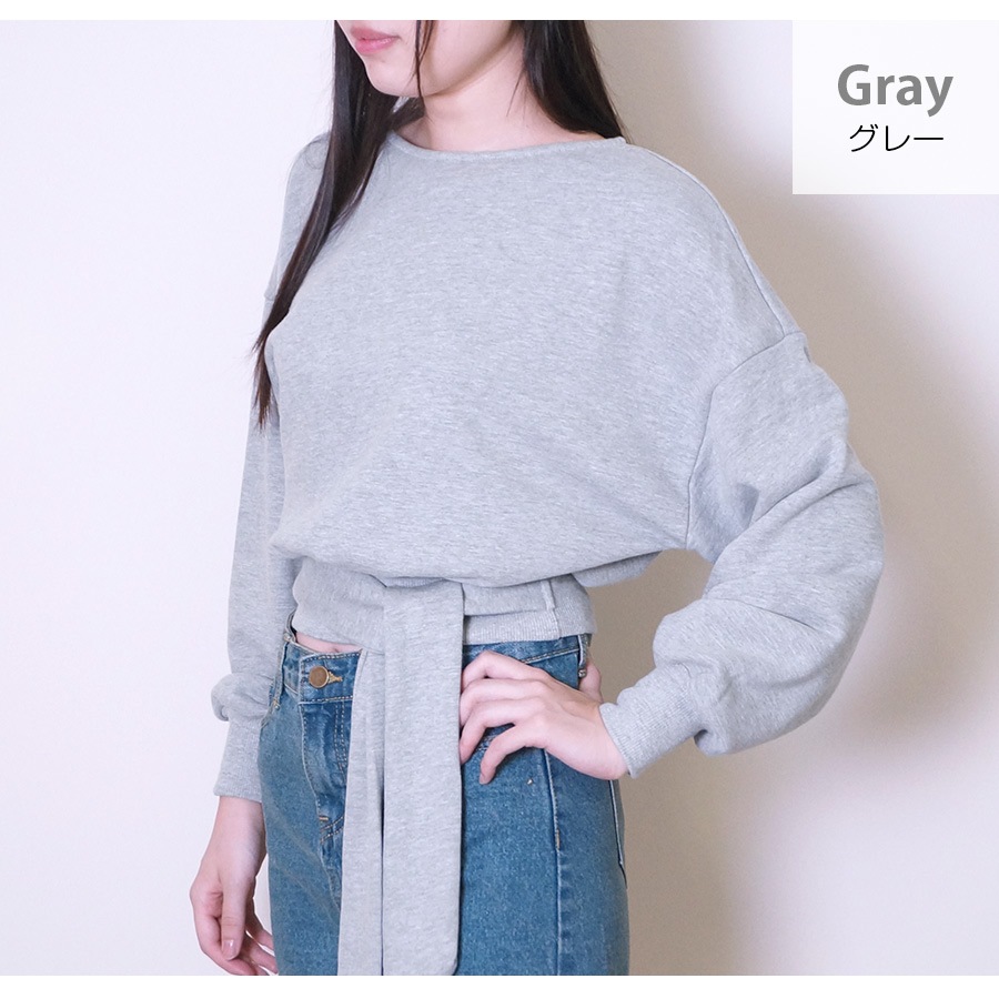 トレーナー スウェット レディース 長袖 リボン 春 秋 冬 トップス 無地 ゆったり ドロップショルダー 大きめ オーバーサイズ ボリューム袖 ミニ丈 大人可愛い 韓流 韓国 カジュアル グレー ブラック ホワイト 黒 白 JOCOSA 8967 送料無料 即納