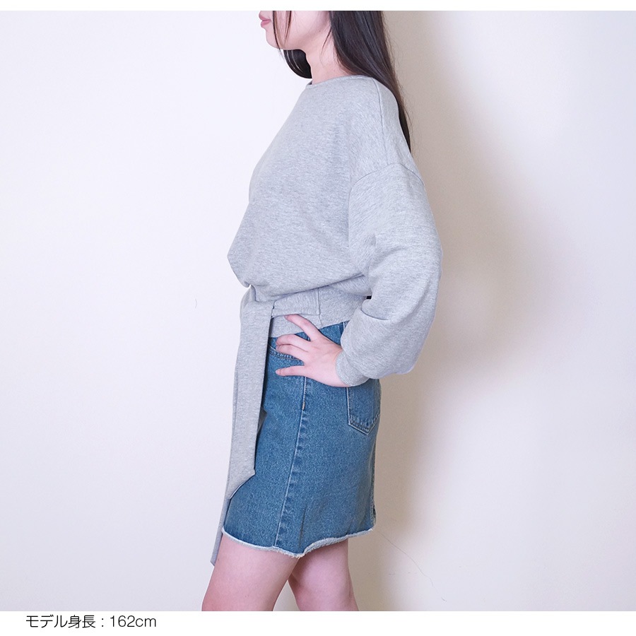 トレーナー スウェット レディース 長袖 リボン 春 秋 冬 トップス 無地 ゆったり ドロップショルダー 大きめ オーバーサイズ ボリューム袖 ミニ丈 大人可愛い 韓流 韓国 カジュアル グレー ブラック ホワイト 黒 白 JOCOSA 8967 送料無料 即納