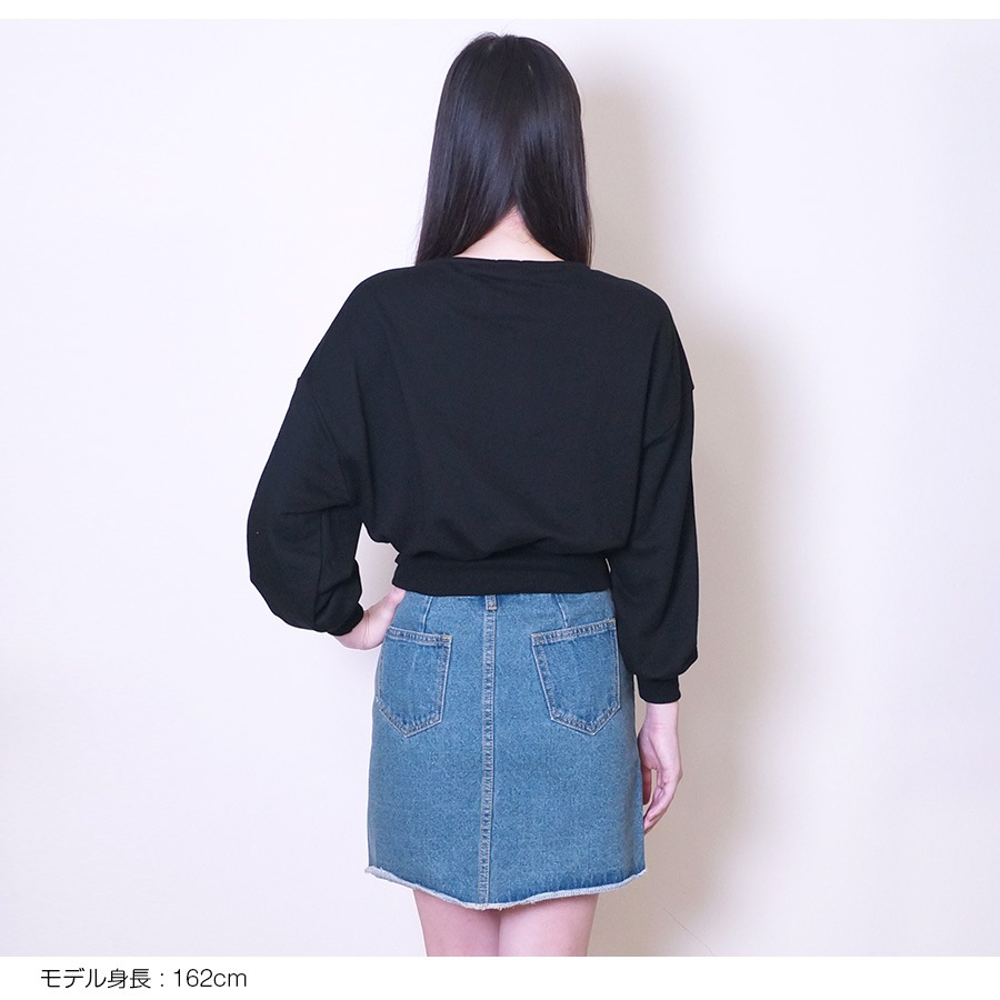 トレーナー スウェット レディース 長袖 リボン 春 秋 冬 トップス 無地 ゆったり ドロップショルダー 大きめ オーバーサイズ ボリューム袖 ミニ丈 大人可愛い 韓流 韓国 カジュアル グレー ブラック ホワイト 黒 白 JOCOSA 8967 送料無料 即納