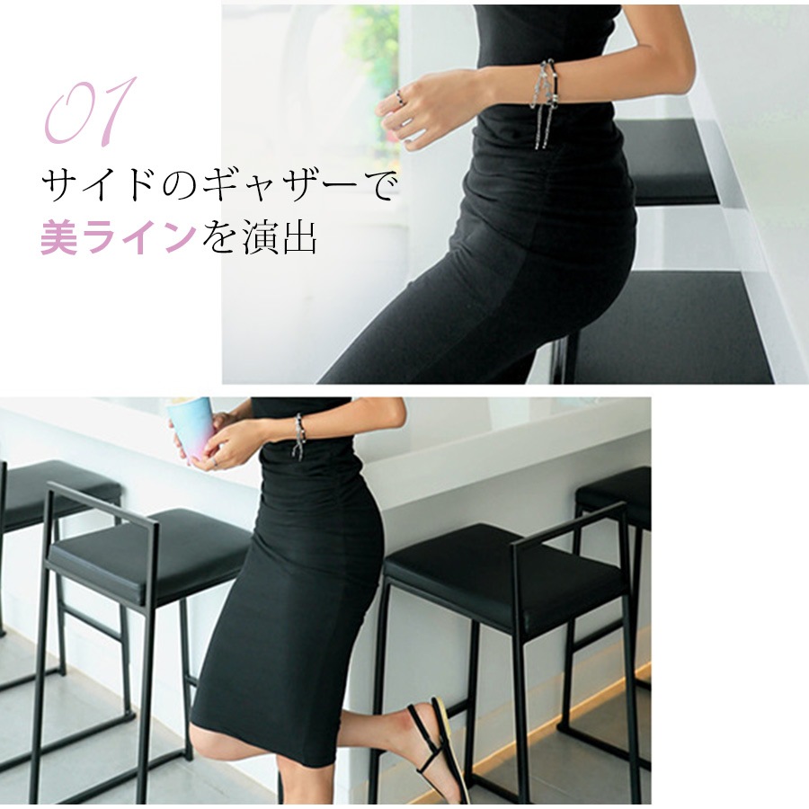 ワンピース レディース 半袖 ひざ丈 ミディアム丈 ギャザー 無地 タイト セクシー 春 夏 シンプル 綿 コットン カジュアル ルームウェア グレー ブラック 黒 JOCOSA 8812 送料無料 即納
