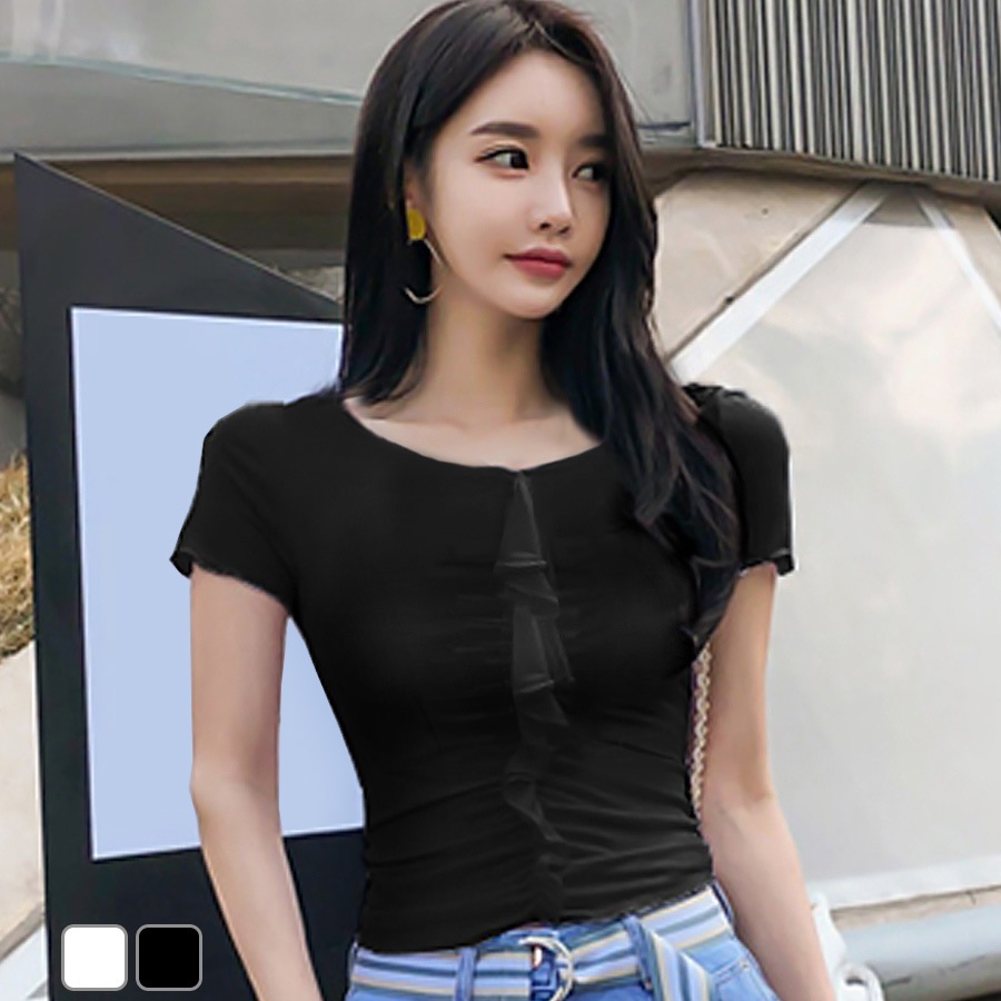 フリルギャザー半袖Tシャツ レディース 春夏秋冬 新作 トップス カットソー 無地 薄手 おしゃれ 可愛い 上品 オフィス 参観日 韓国風 韓流 ブラック 黒 ホワイト 白 SML JOCOSA 8970 送料無料 即納