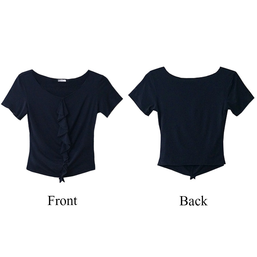 フリルギャザー半袖Tシャツ レディース 春夏秋冬 新作 トップス カットソー 無地 薄手 おしゃれ 可愛い 上品 オフィス 参観日 韓国風 韓流 ブラック 黒 ホワイト 白 SML JOCOSA 8970 送料無料 即納
