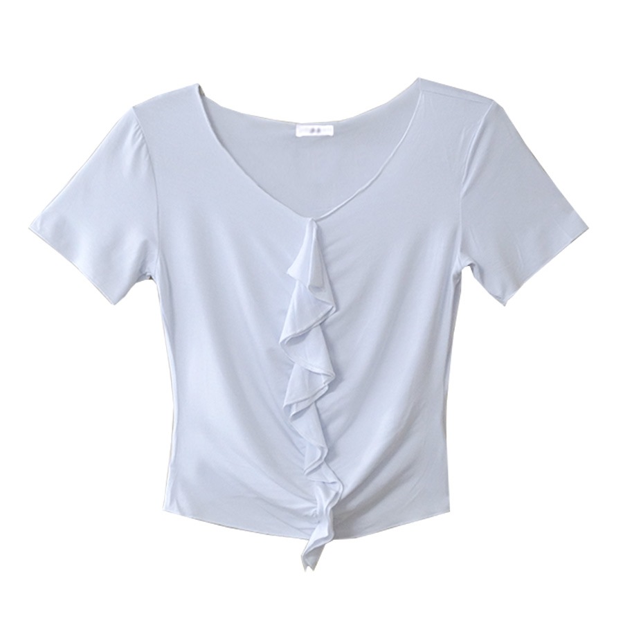 フリルギャザー半袖Tシャツ レディース 春夏秋冬 新作 トップス カットソー 無地 薄手 おしゃれ 可愛い 上品 オフィス 参観日 韓国風 韓流 ブラック 黒 ホワイト 白 SML JOCOSA 8970 送料無料 即納
