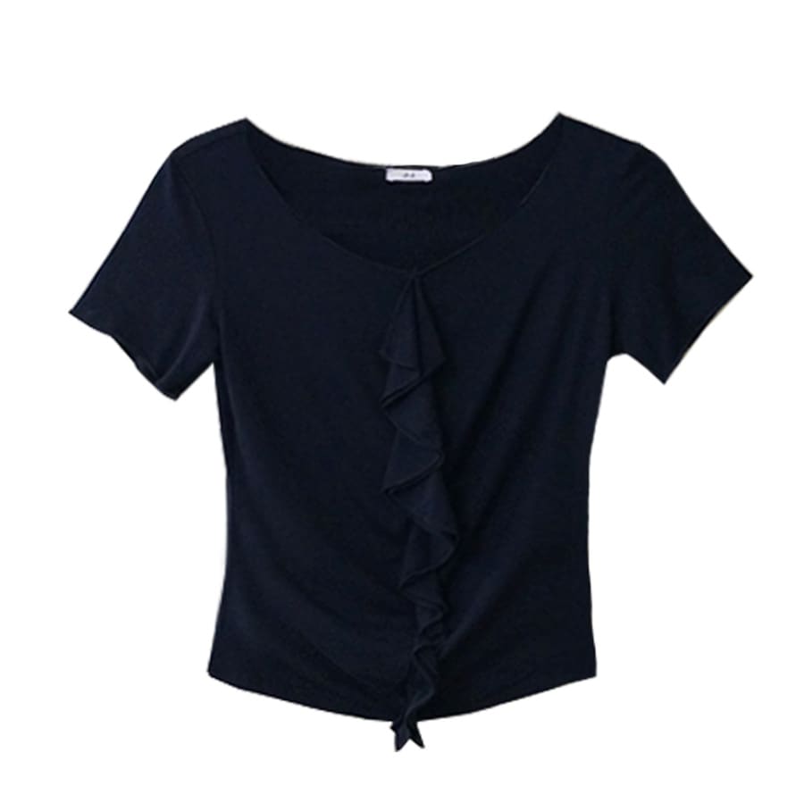 フリルギャザー半袖Tシャツ レディース 春夏秋冬 新作 トップス カットソー 無地 薄手 おしゃれ 可愛い 上品 オフィス 参観日 韓国風 韓流 ブラック 黒 ホワイト 白 SML JOCOSA 8970 送料無料 即納