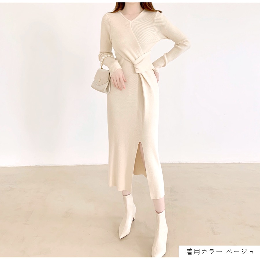 ワンピース タイトワンピース ロングワンピース スリット 長袖 Vネック リブ 韓国ファッション セクシーワンピース パーティードレス 大人 無地 おしゃれ レディース 春 秋 冬 新作 ブラック 黒 ベージュ フリーサイズ JOCOSA 8876