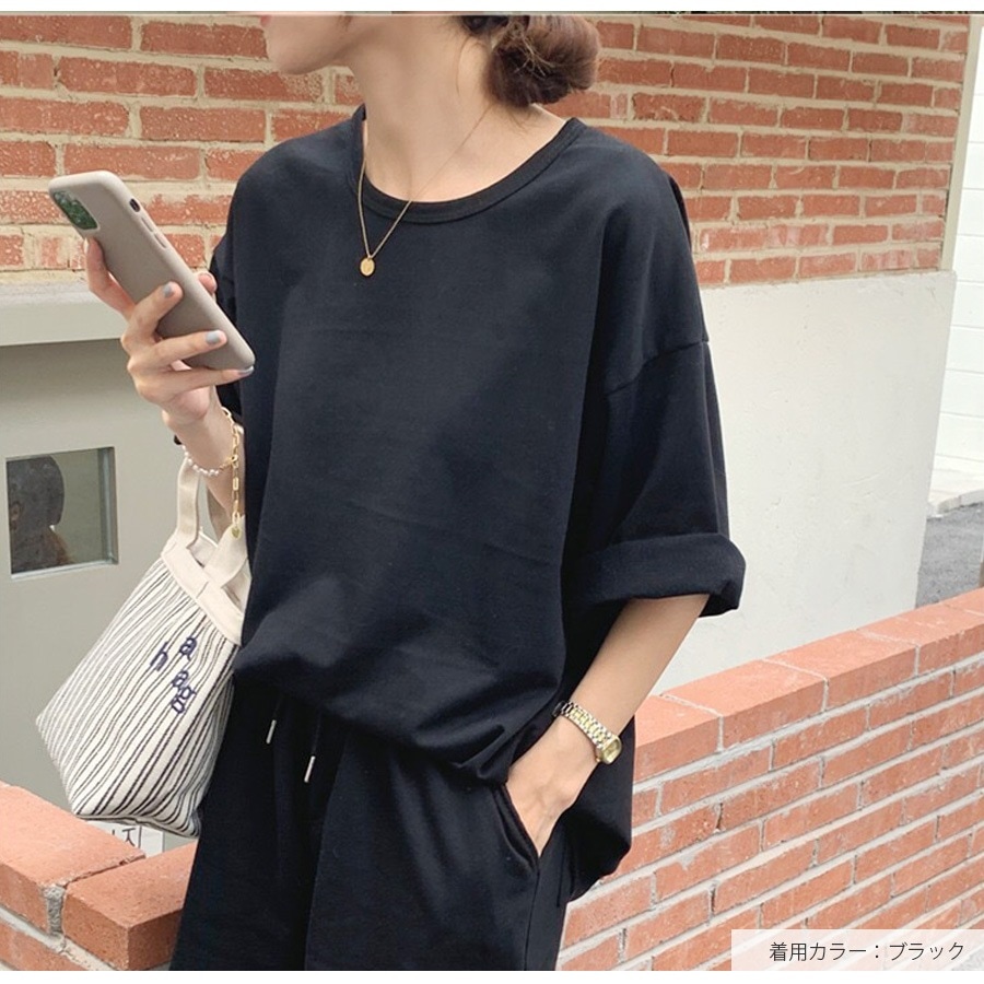 セットアップ オーバーサイズ ルームウェア 上下セット パジャマ 半袖 ラウンドネック 無地 シンプル 韓国ファッション 部屋着 おしゃれ 春 秋 夏 ブラック グレー グリーン ブルー アイボリー ダークグレー M L JOCOSA 6212