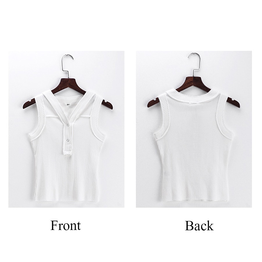 前ボタンVネックリブノースリーブトップス タンクトップ レディース 春