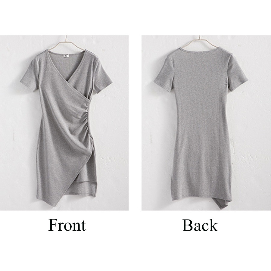 ワンピース レディース 半袖 アシンメトリー Ｖネック ショート丈 ミニ 細リブ 二枚仕立て 薄手 春 夏 秋 冬 シンプル セクシーブラック 黒 グレー JOCOSA 8816 送料無料 即納