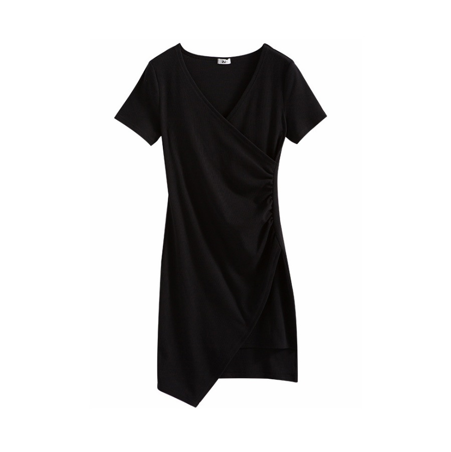 ワンピース レディース 半袖 アシンメトリー Ｖネック ショート丈 ミニ 細リブ 二枚仕立て 薄手 春 夏 秋 冬 シンプル セクシーブラック 黒 グレー JOCOSA 8816 送料無料 即納