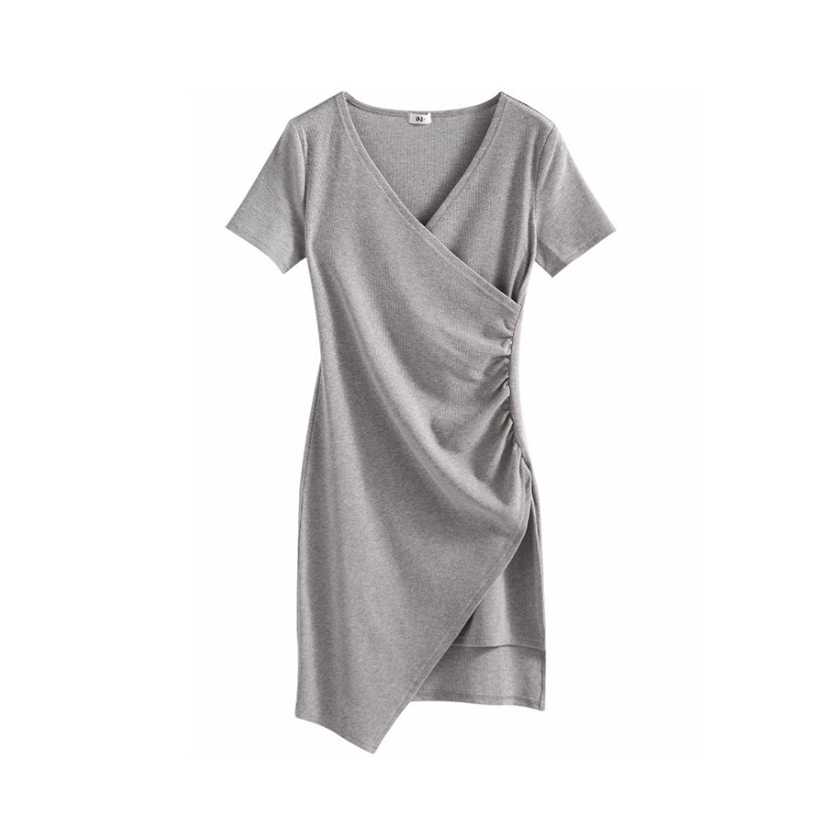 ワンピース レディース 半袖 アシンメトリー Ｖネック ショート丈 ミニ 細リブ 二枚仕立て 薄手 春 夏 秋 冬 シンプル セクシーブラック 黒 グレー JOCOSA 8816 送料無料 即納