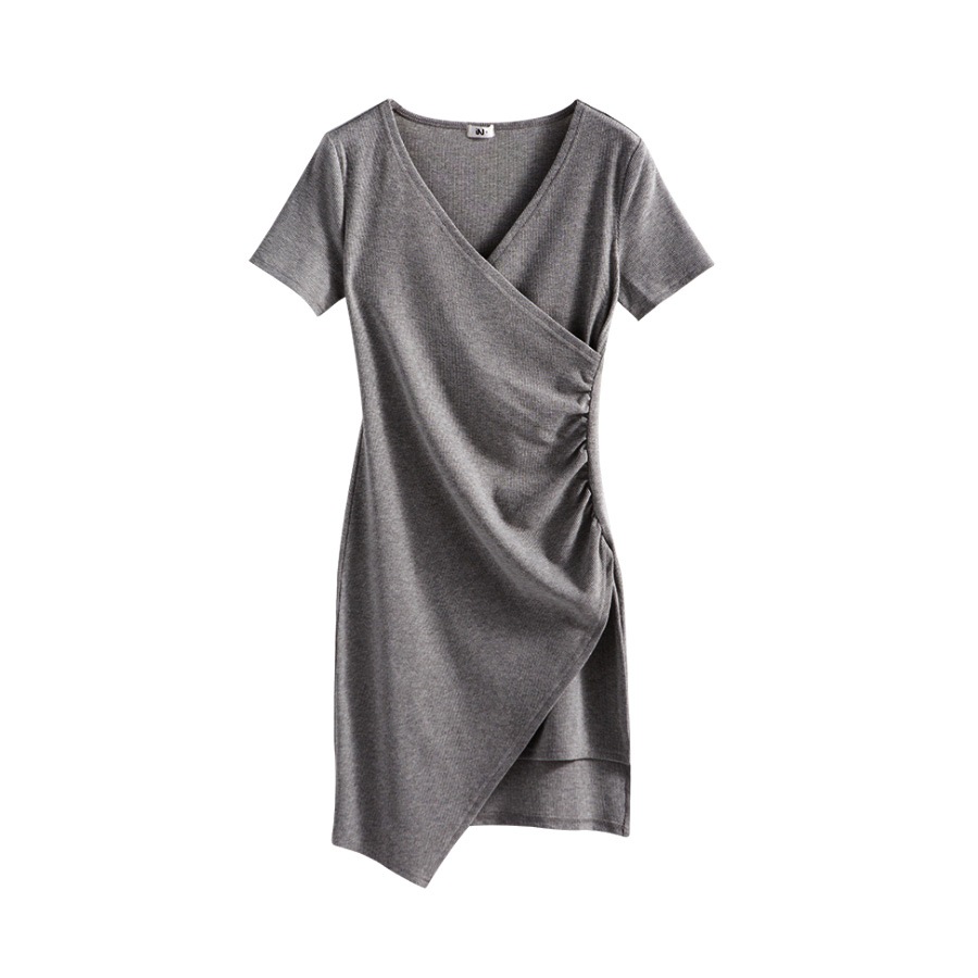 ワンピース レディース 半袖 アシンメトリー Ｖネック ショート丈 ミニ 細リブ 二枚仕立て 薄手 春 夏 秋 冬 シンプル セクシーブラック 黒 グレー JOCOSA 8816 送料無料 即納