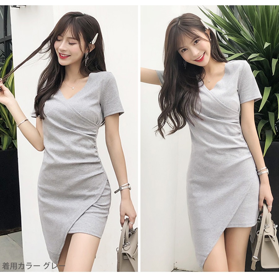 ワンピース レディース 半袖 アシンメトリー Ｖネック ショート丈 ミニ 細リブ 二枚仕立て 薄手 春 夏 秋 冬 シンプル セクシーブラック 黒 グレー JOCOSA 8816 送料無料 即納