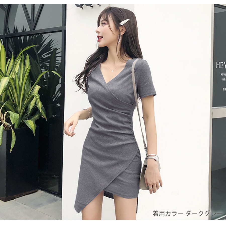 ワンピース レディース 半袖 アシンメトリー Ｖネック ショート丈 ミニ 細リブ 二枚仕立て 薄手 春 夏 秋 冬 シンプル セクシーブラック 黒 グレー JOCOSA 8816 送料無料 即納