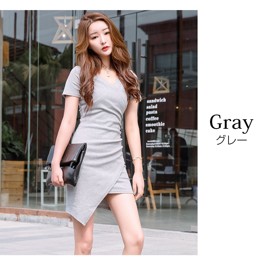 ワンピース レディース 半袖 アシンメトリー Ｖネック ショート丈 ミニ 細リブ 二枚仕立て 薄手 春 夏 秋 冬 シンプル セクシーブラック 黒 グレー JOCOSA 8816 送料無料 即納