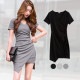 ワンピース レディース 半袖 アシンメトリー Ｖネック ショート丈 ミニ 細リブ 二枚仕立て 薄手 春 夏 秋 冬 シンプル セクシーブラック 黒 グレー JOCOSA 8816 送料無料 即納