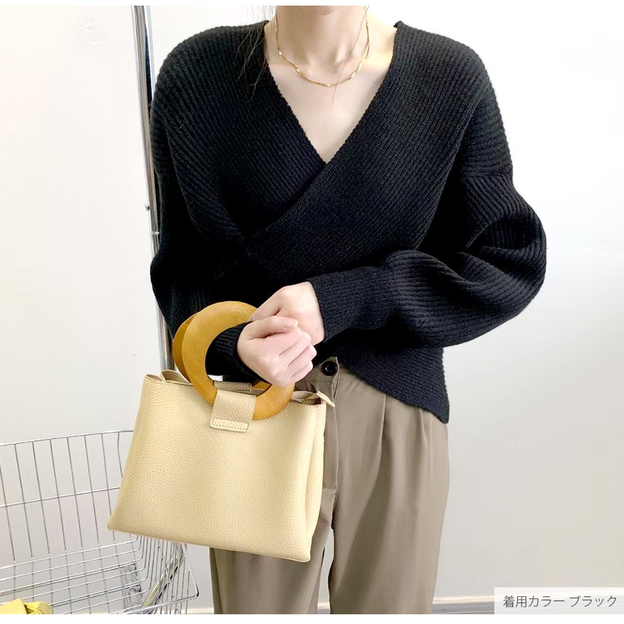ニット トップス クロス 長袖 トップス セーター レイヤード風 秋 春 Vネック 無地 ショート丈 オフィスカジュアル セクシー シンプル 無地 韓国ファッション 大人 レディース ブラック オフホワイト グレー ベージュ ブラウン アイボリー フリーサイズ JOCOSA 7157