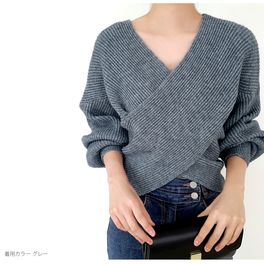ニット トップス クロス 長袖 トップス セーター レイヤード風 秋 春 Vネック 無地 ショート丈 オフィスカジュアル セクシー シンプル 無地 韓国ファッション 大人 レディース ブラック オフホワイト グレー ベージュ ブラウン アイボリー フリーサイズ JOCOSA 7157