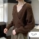 ニット トップス クロス 長袖 トップス セーター レイヤード風 秋 春 Vネック 無地 ショート丈 オフィスカジュアル セクシー シンプル 無地 韓国ファッション 大人 レディース ブラック オフホワイト グレー ベージュ ブラウン アイボリー フリーサイズ JOCOSA 7157