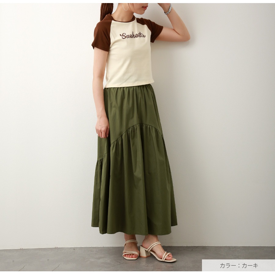 ギャザー切り替え ロングスカート ボトムス ロング丈 レディース 春 夏 秋 新作 ブラック ホワイト グレージュ カーキ M L JOCOSA 9137