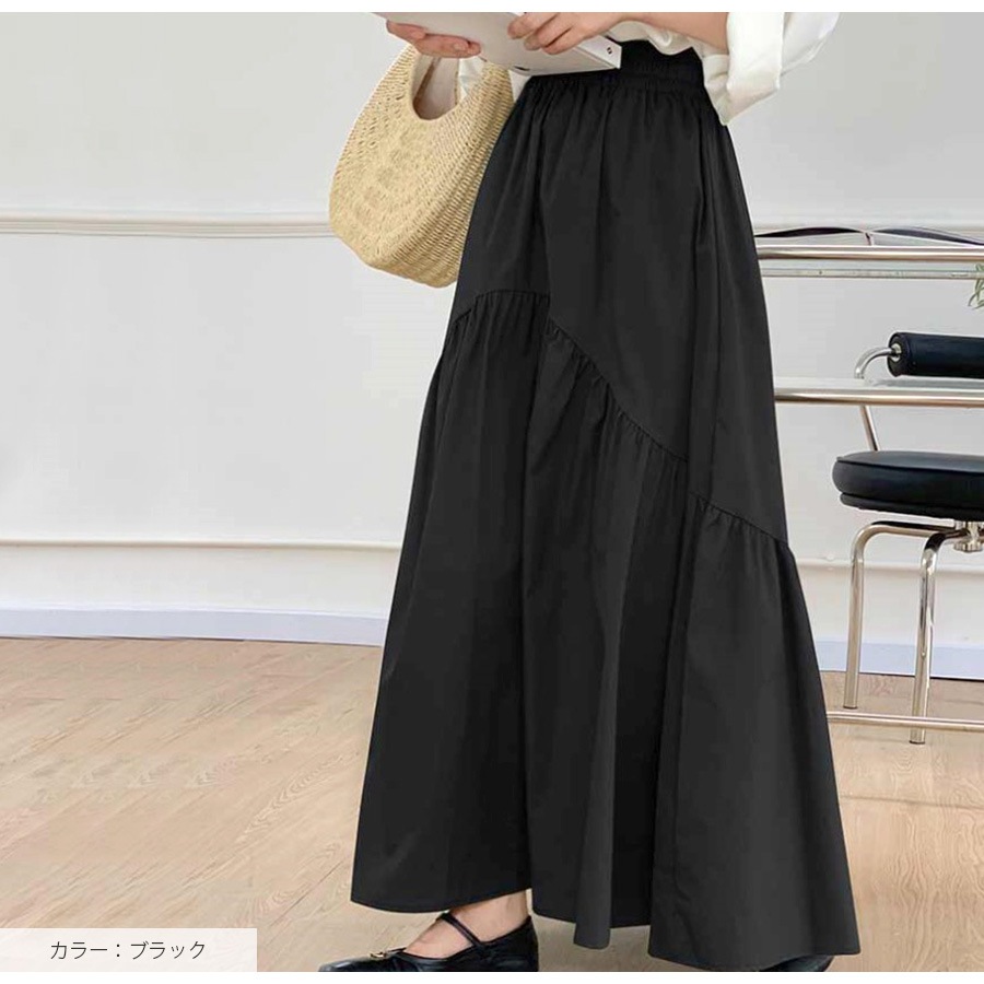 ギャザー切り替え ロングスカート ボトムス ロング丈 レディース 春 夏 秋 新作 ブラック ホワイト グレージュ カーキ M L JOCOSA 9137