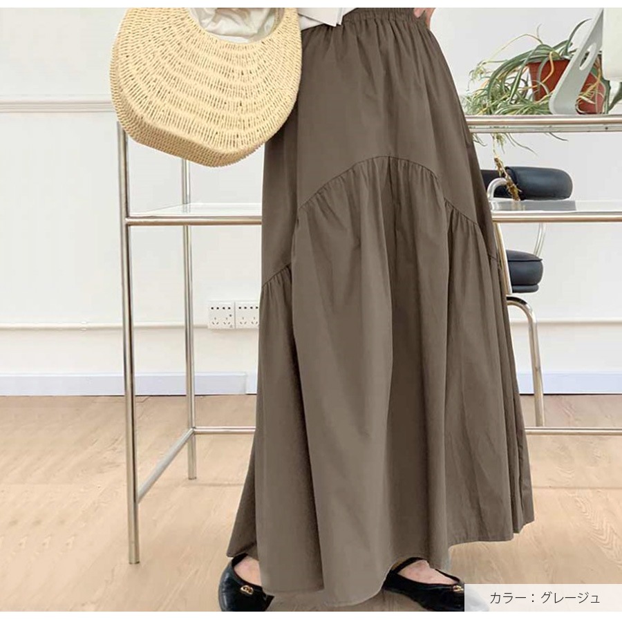 ギャザー切り替え ロングスカート ボトムス ロング丈 レディース 春 夏 秋 新作 ブラック ホワイト グレージュ カーキ M L JOCOSA 9137
