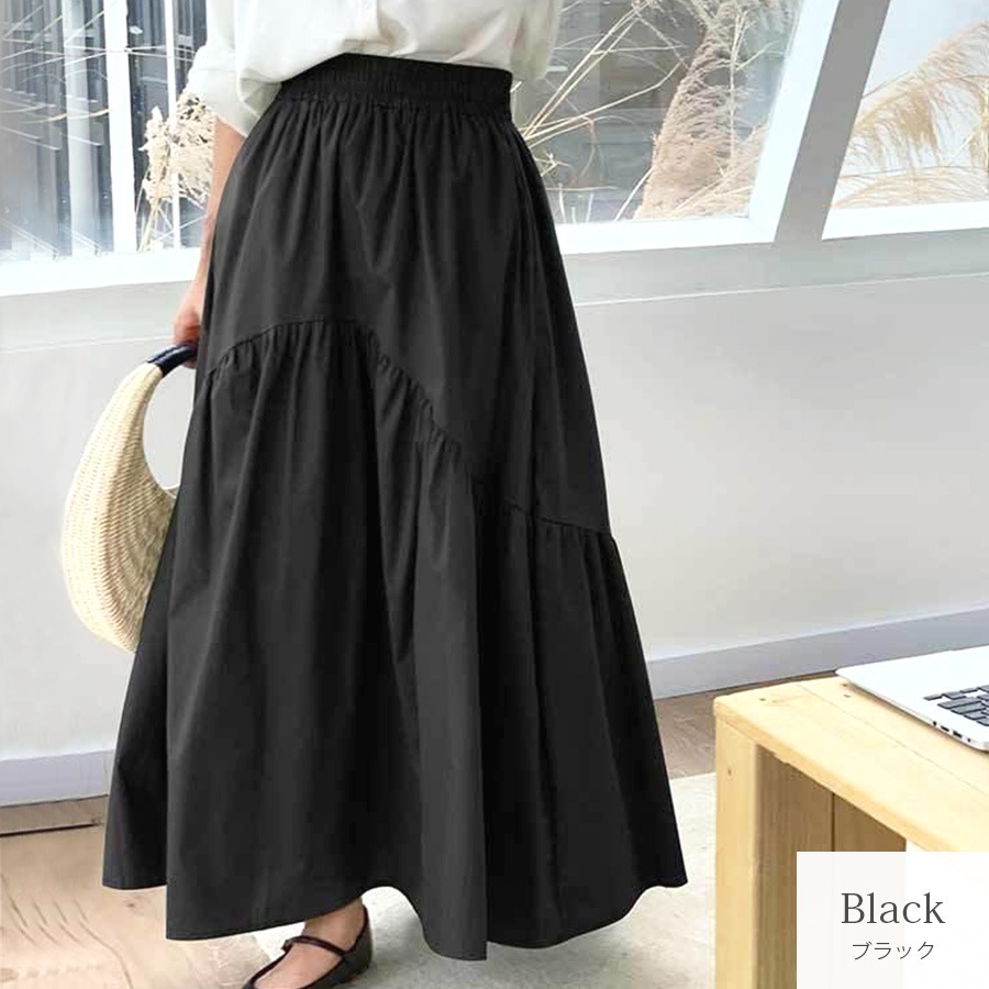 ギャザー切り替え ロングスカート ボトムス ロング丈 レディース 春 夏 秋 新作 ブラック ホワイト グレージュ カーキ M L JOCOSA 9137