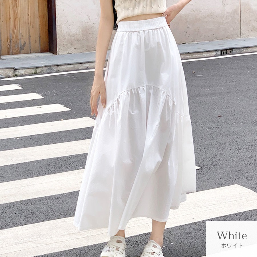 ギャザー切り替え ロングスカート ボトムス ロング丈 レディース 春 夏 秋 新作 ブラック ホワイト グレージュ カーキ M L JOCOSA 9137