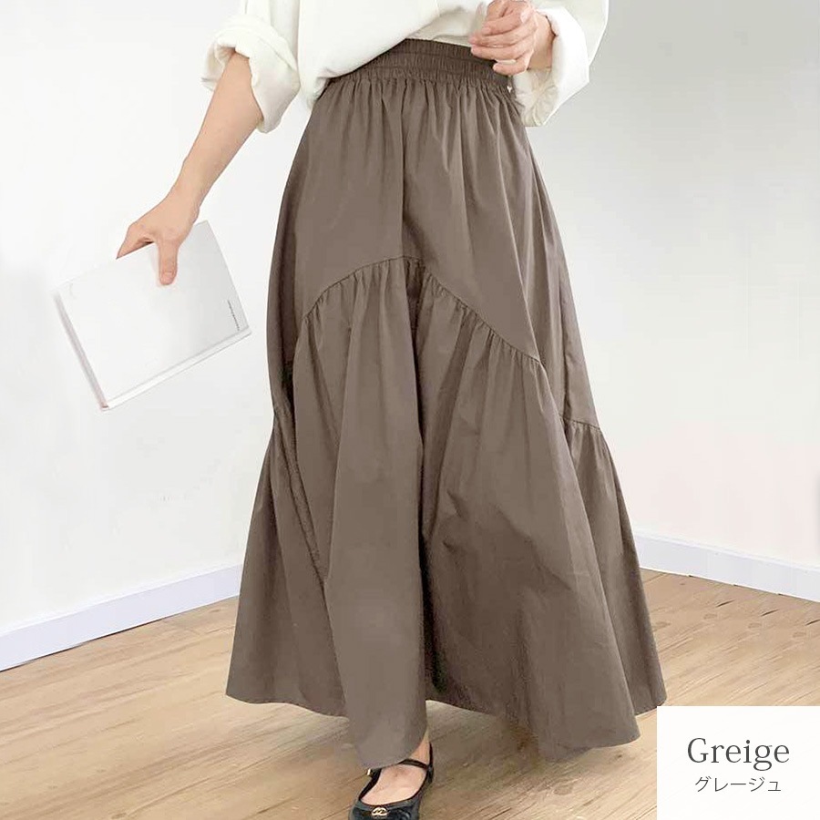 ギャザー切り替え ロングスカート ボトムス ロング丈 レディース 春 夏 秋 新作 ブラック ホワイト グレージュ カーキ M L JOCOSA 9137
