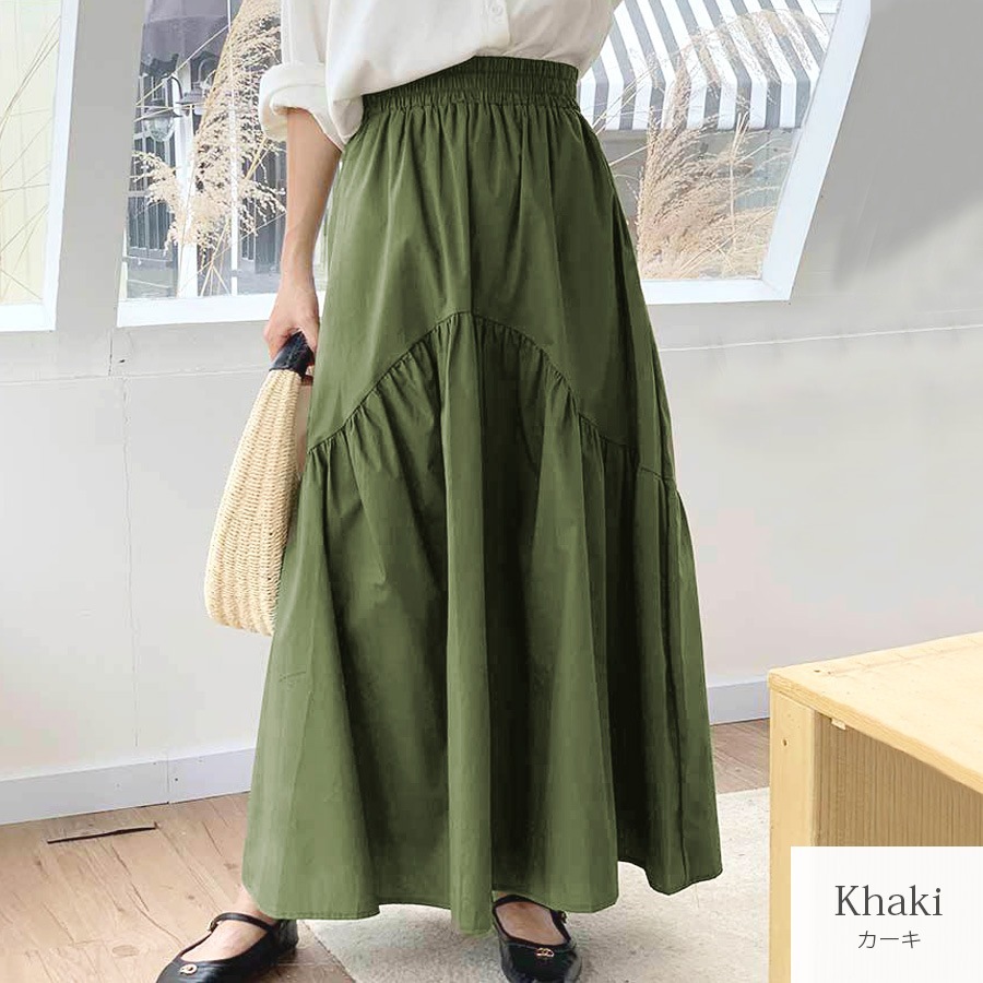 ギャザー切り替え ロングスカート ボトムス ロング丈 レディース 春 夏 秋 新作 ブラック ホワイト グレージュ カーキ M L JOCOSA 9137