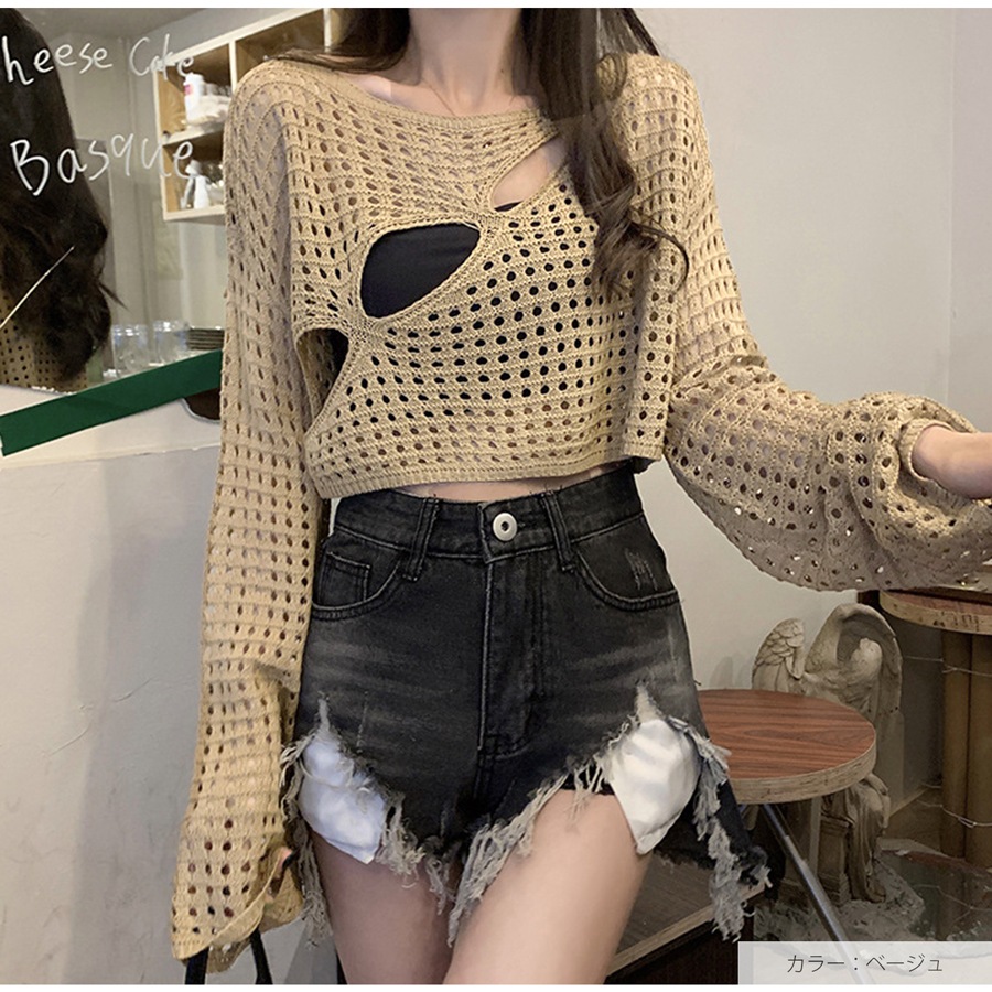 トップス ニット メッシュ 長袖 ラウンドネック ショート丈 春服 夏服 新作 JOCOSA 7250