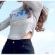 ロンT ロゴ ショート丈 カットソー Tシャツ トップス 長袖 薄手 秋 春 ラウンドネック リブ スリット カジュアル シンプル ストリート レトロ Y2K 韓国ファッション 大人 レディース ブラック ホワイト グレー M L JOCOSA 7158