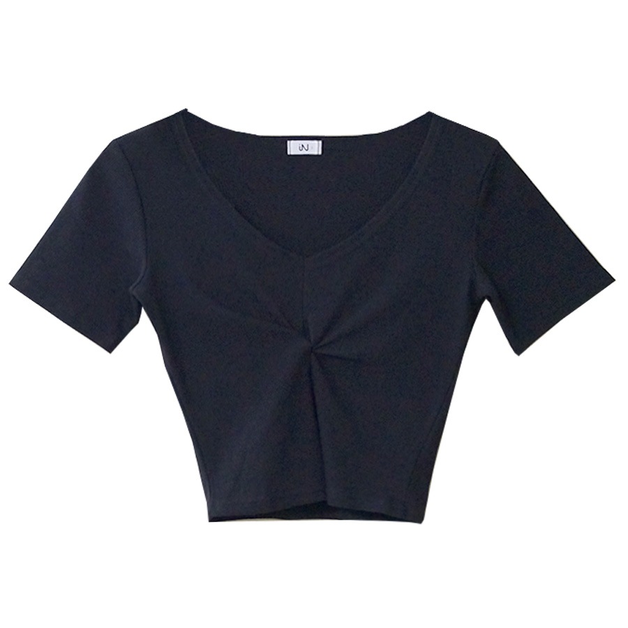 Vネックツイストリブ半袖トップス レディース 春夏秋冬 新作 薄手 T