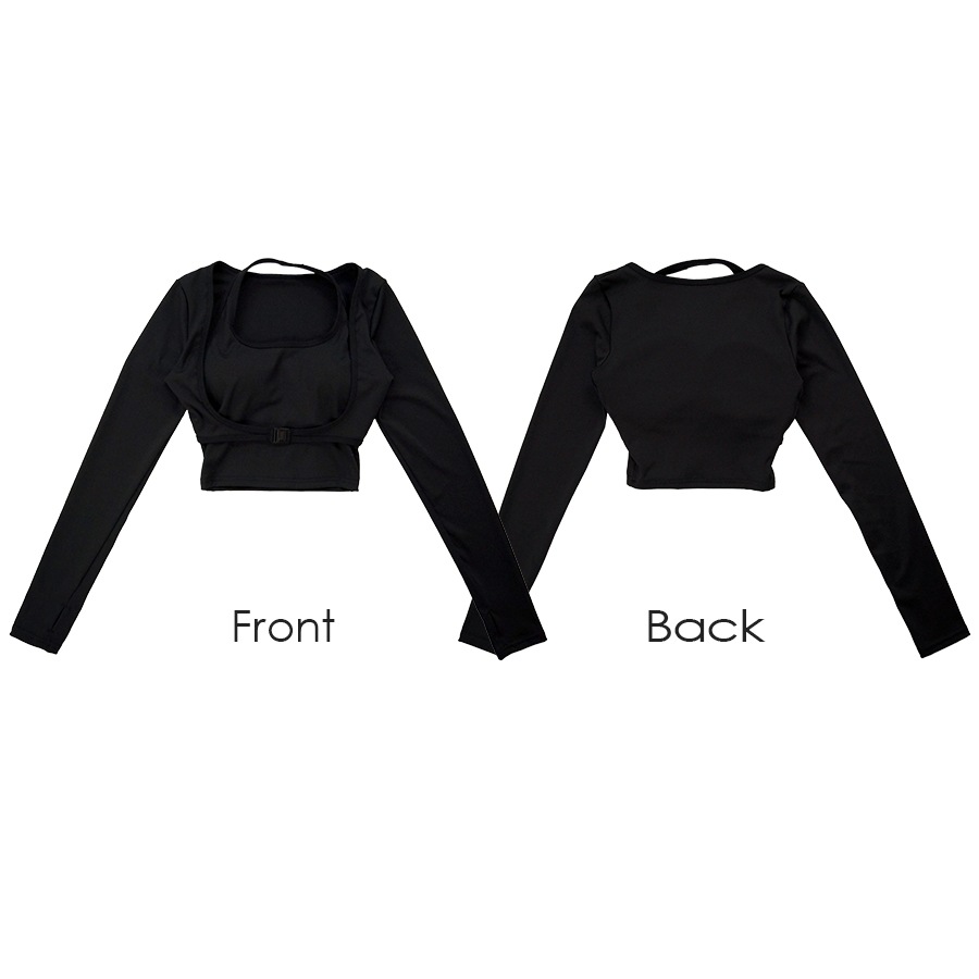 スポーツウェア トップス セクシー 指穴 ショート丈 肌見せ 長袖 スクエアネック ベルト レディース 韓国ファッション ジム 春 秋 冬 ブラック アイボリー ピンク S M L JOCOSA 8762