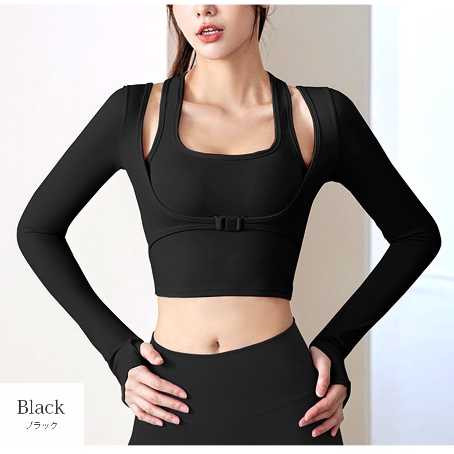 スポーツウェア トップス セクシー 指穴 ショート丈 肌見せ 長袖 スクエアネック ベルト レディース 韓国ファッション ジム 春 秋 冬 ブラック アイボリー ピンク S M L JOCOSA 8762
