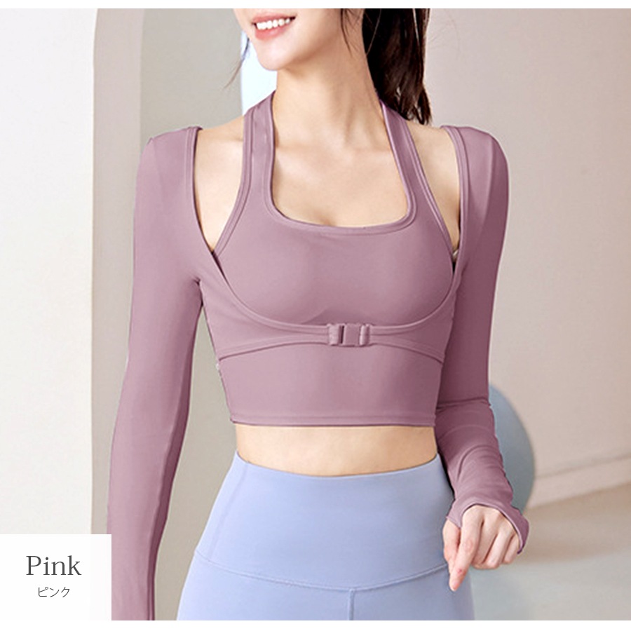 スポーツウェア トップス セクシー 指穴 ショート丈 肌見せ 長袖 スクエアネック ベルト レディース 韓国ファッション ジム 春 秋 冬 ブラック アイボリー ピンク S M L JOCOSA 8762