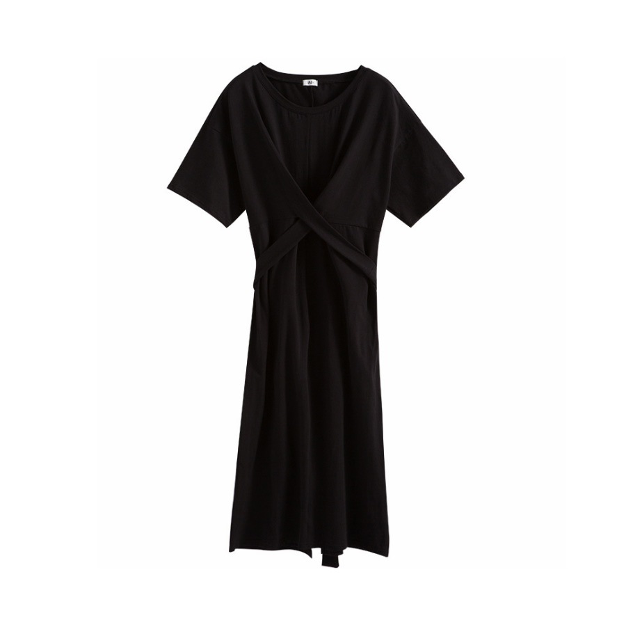 ワンピース レディース 半袖 ミモレ丈 ウエストクロス フロントリボン バックスリット 膝下丈 綿 薄手 春 夏 秋 冬 シンプル ブラック 黒 グレー JOCOSA 8819 送料無料 即納